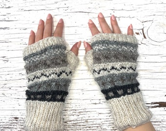 Hand Knit Gray Stripe Fingerless Gloves Wool Texting Mittens Fleece Lined Winter Womens Ladies Teen Girl Birthday Graduation Gift