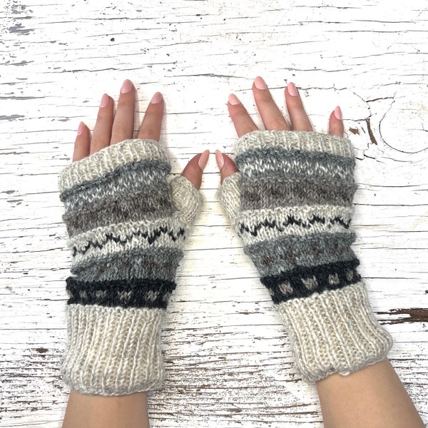 Hand Knit Gray Stripe Fingerless Gloves Wool Texting Mittens Fleece Lined Winter Womens Ladies Teen Girl Birthday Graduation Gift