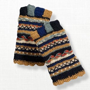 Hand Knit Brown Green Blue Stripe Fingerless Half Finger Gloves Wool Texting Arm Warmers Fleece Lined Winter Womens Birthday Christmas Gift