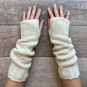 Handgebreide alpacawol vingerloze lange fleece gevoerde handschoenen crème sms handwarmers dames vrouwen winter kerst verjaardagscadeau