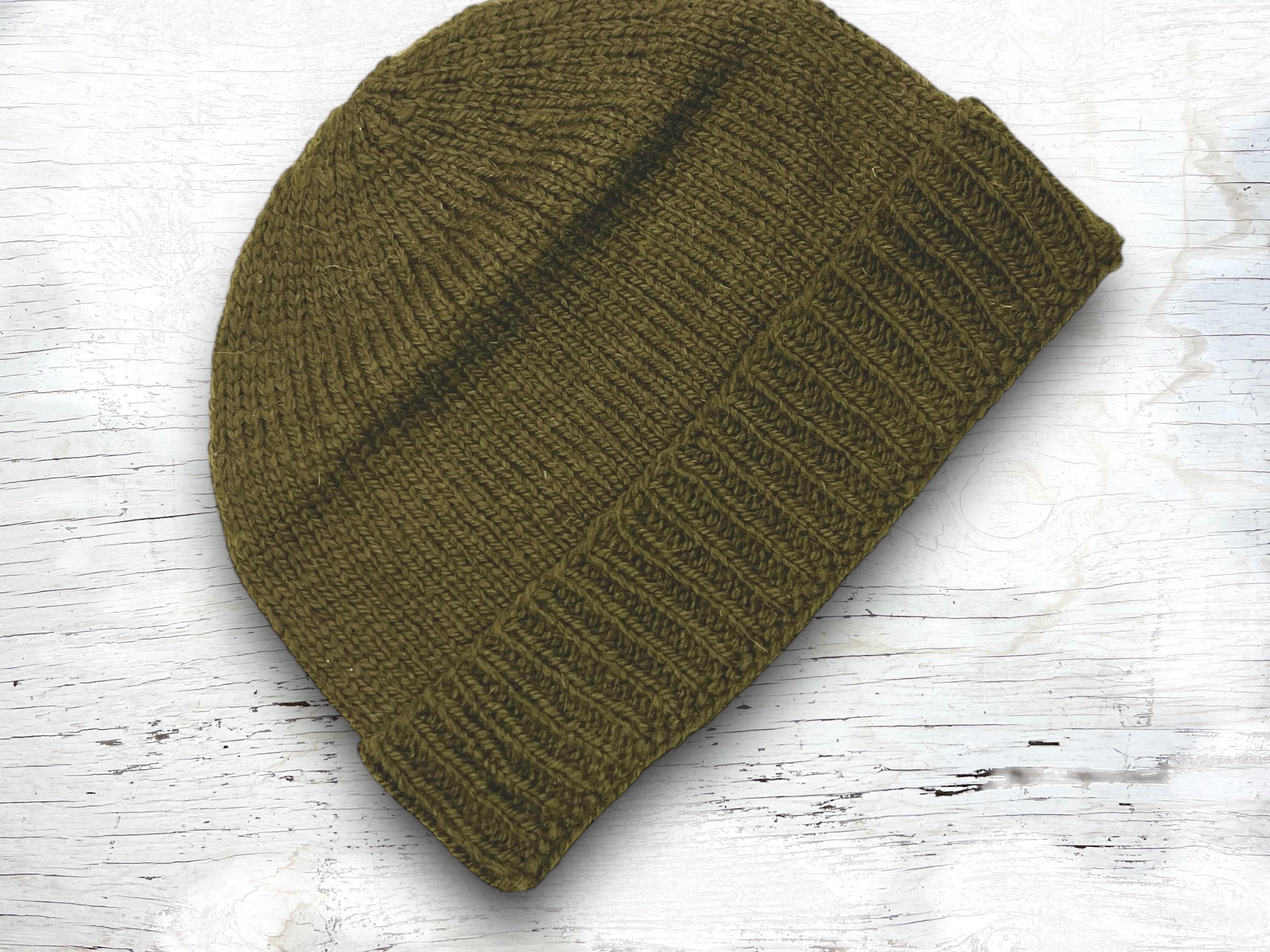 Handmade Knit Alpaca Wool Khaki Olive Green Cuff Hat Knitted  display picture 1