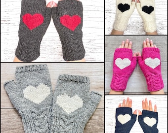 Knit Alpaca Wool Cable Fingerless Heart Gloves Texting Fleece Lined Snowboarding Womens Ladies Christmas Birthday Gift