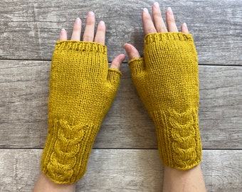 Hand Knit Alpaca Mustard Cable Fingerless Texting Gloves Mittens Fleece Lined Arm Wrist Warmer Womens Graduation Birthday Gift