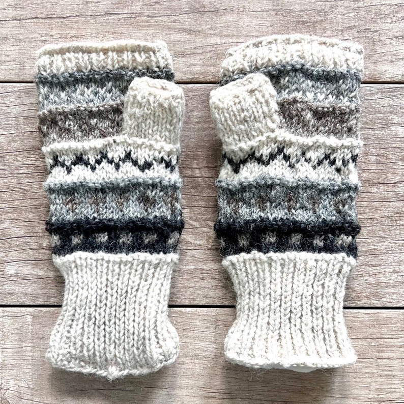 Hand Knit Gray Stripe Fingerless Gloves Wool Texting Mittens Fleece Lined Winter Womens Ladies Teen Girl Birthday Graduation Gift image 5