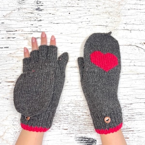 Handmade Knit Alpaca Wool Heart Convertible Cable Flip Mitten Fingerless Glove Texting Fleece Lined Women Birthday Christmas Gift