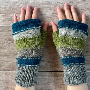 Hand Knit Gray Green Stripe Fingerless Gloves Wool Texting Mittens Fleece Lined Winter Womens Ladies Graduation Birthday Gift