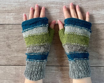 Hand Knit Gray Green Stripe Fingerless Gloves Wool Texting Mittens Fleece Lined Winter Womens Ladies Graduation Birthday Gift