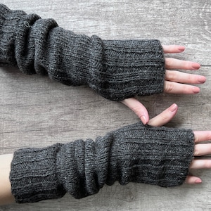 Hand Knit Alpaca Wool Long Fingerless Fleece Lined Gloves Heather Gray Texting Hand Warmers Ladies Women Winter Graduation Mothers Day  Gift