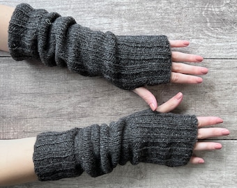 Hand Knit Alpaca Wool Long Fingerless Fleece Lined Gloves Heather Gray Texting Hand Warmers Ladies Women Winter Graduation Mothers Day  Gift