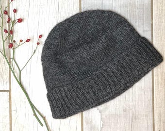 Handmade Knit Alpaca Charcoal Heather Gray Cuff Hat Knitted Beanie Ski Winter Warm for Men Womens Birthday Christmas Gift