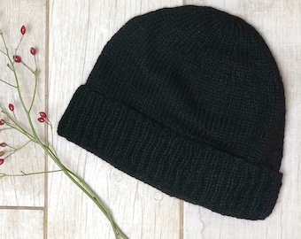 Hand Knit Alpaca  Black Cuff Hat Knitted Beanie Ski Winter Warm for Men Womens Graduation Birthday Mothers Day Gift