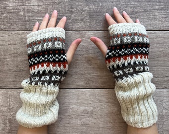 Hand Knit Cream Long Fingerless Gloves Wool Texting Mittens Fleece Lined Winter Womens Ladies Graduation Birthday Mothers Day Gift