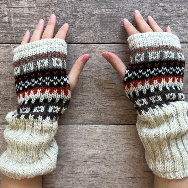 Hand Knit Cream Long Fingerless Gloves Wool Texting Mittens Fleece Lined Winter Womens Ladies Graduation Birthday Mothers Day Gift