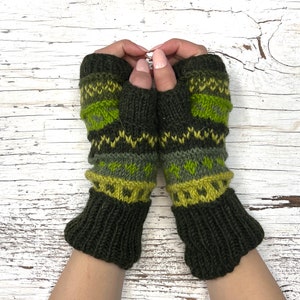 Hand Knit Green Stripe Fingerless Gloves Wool Texting Mittens Fleece Lined Winter Womens Ladies Teen Birthday Graduation Mothers Day Gift image 4