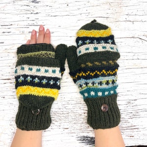 Knit Wool Convertible Flip Mitten Fingerless Glove  Green Glittens Texting Fleece Lined Women Winter Graduation Birthday Gift