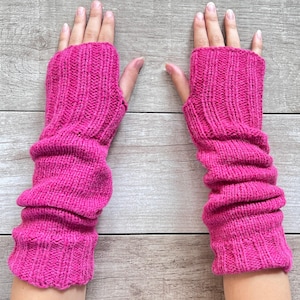 Hand Knit Alpaca Wool Long Fingerless Fleece Lined Gloves Pink Texting Hand Warmers Ladies Women Winter Christmas Birthday Gift