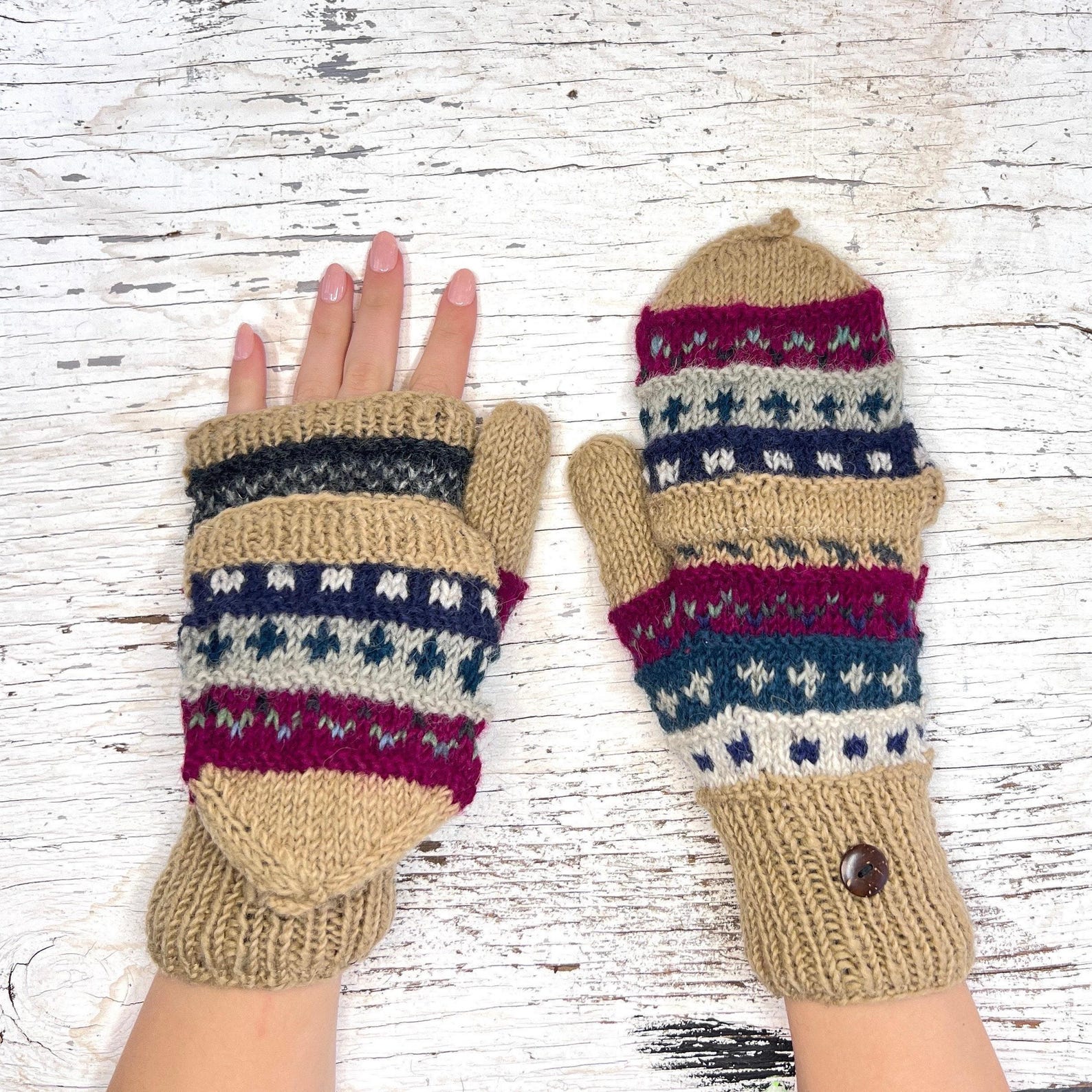 Knit Wool Convertible Tan Stripe Pattern Flip Mitten Fingerless Glove ...