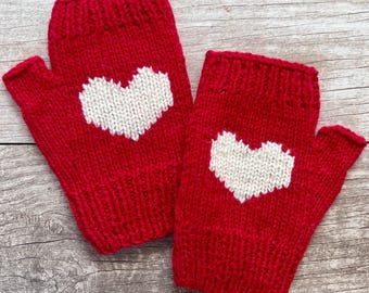 Knit Alpaca Wool Red Heart Fingerless Texting Gloves Mittens Arm Hand Warmers Fleece Lined Girlfriend Woman Christmas Birthday Gift