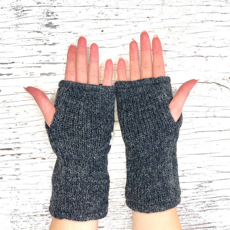 Hand Knit Gray Flower Fingerless Gloves Wool Texting Mittens Fleece Lined Winter Womens Ladies Graduation Birthday Gift image 4