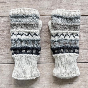 Hand Knit Gray Stripe Fingerless Gloves Wool Texting Mittens Fleece Lined Winter Womens Ladies Teen Girl Birthday Graduation Gift image 7