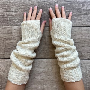 Hand Knit Alpaca Wool Fingerless Long Fleece Lined Gloves Cream Texting Hand Warmers Ladies Women Winter Graduation Birthday Mothers Day