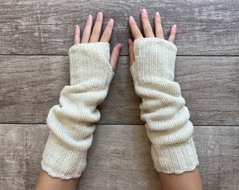 Hand Knit Alpaca Wool Fingerless Long Fleece Lined Gloves Cream Texting Hand Warmers Ladies Women Winter Graduation Birthday Mothers Day