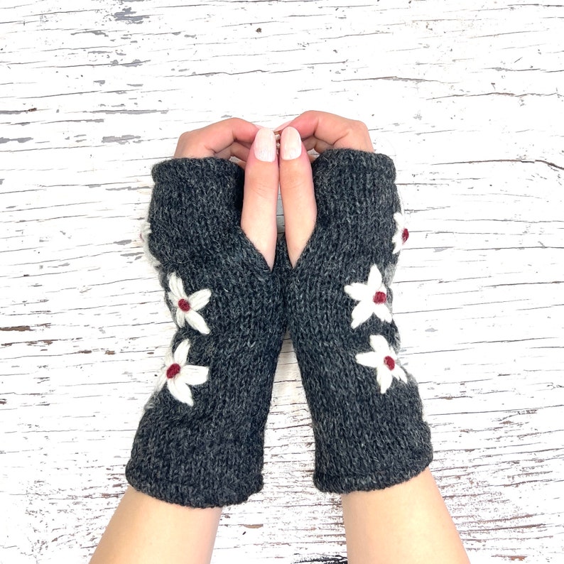 Hand Knit Gray Flower Fingerless Gloves Wool Texting Mittens Fleece Lined Winter Womens Ladies Graduation Birthday Gift image 3