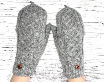 Hand Knit Alpaca Gray Convertible Cable Flip Glitten Mitten Glove Fingerless Texting Fleece Lined Women Graduation Birthday Christmas Gift