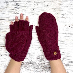 Handmade Knit Alpaca Wool Convertible Mitten Wine Burgundy Maroon Fleece Lined Cable Flip Fingerless Gloves Women Christmas Birthday Gift