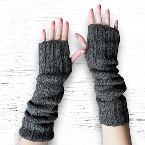 Hand Knit Alpaca Wool Long Fingerless Fleece Lined Gloves Heather Gray Texting Hand Warmers Ladies Women Winter Birthday Christmas GIft
