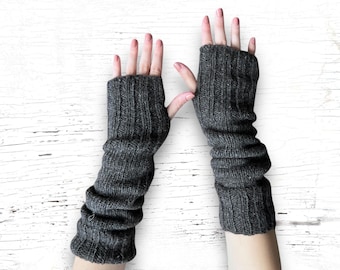 Hand Knit Alpaca Wool Long Fingerless Fleece Lined Gloves Heather Gray Texting Hand Warmers Ladies Women Winter Birthday Christmas GIft