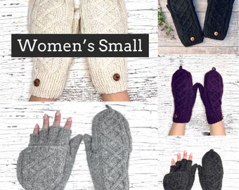 Women's Teen Small Knit Alpaca Wool Convertible Mitten Handmade Glitten Flip Fingerless Texting Gloves Fleece Lined Valentines Birthday Gift
