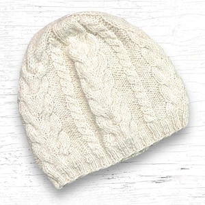 Handmade Knit Alpaca White Cream Cable Ski Hat Knitted Beanie Fleece Lined for Winter Warm Womens Christmas Birthday Gift