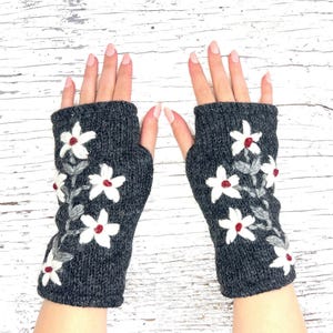 Hand Knit Gray Flower Fingerless Gloves Wool Texting Mittens Fleece Lined Winter Womens Ladies Christmas Birthday Gift