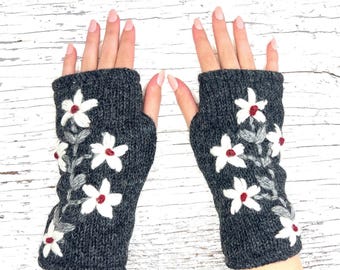 Hand Knit Gray Flower Fingerless Gloves Wool Texting Mittens Fleece Lined Winter Womens Ladies Christmas Birthday Gift