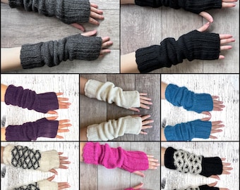 Hand Knit Alpaca Wool Long Fingerless Fleece Lined Gloves Arm Hand Warmers Ladies Women Winter Birthday Valentine Gift