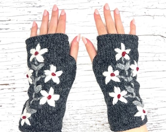 Hand Knit Gray Flower Fingerless Gloves Wool Texting Mittens Fleece Lined Winter Womens Ladies Christmas Birthday Gift