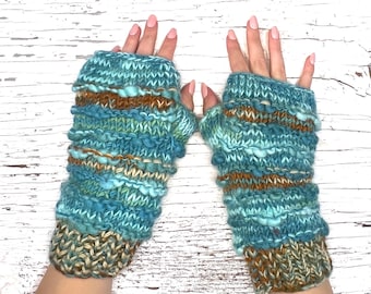 Hand Knit Turquoise Green Stripe Fingerless Gloves Repurposed Silk Wool Texting Mittens Fleece Lined Winter Womens Graduation Birthday Gift