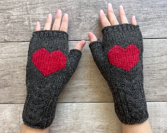 Knit Alpaca Wool Gray Red Heart Fingerless Gloves Womens Mother's Day Graduation Birthday Gift Ideas Fleece Lined