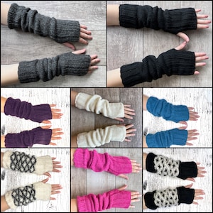 Hand Knit Alpaca Wool Long Fingerless Fleece Lined Gloves Texting Hand Warmers Ladies Women Winter Birthday Christmas Gift