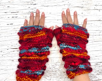 Hand Knit Red Stripe Fingerless Gloves Repurposed Silk Wool Texting Mittens Fleece Lined Winter Womens Ladies Graduation Birthday Gift