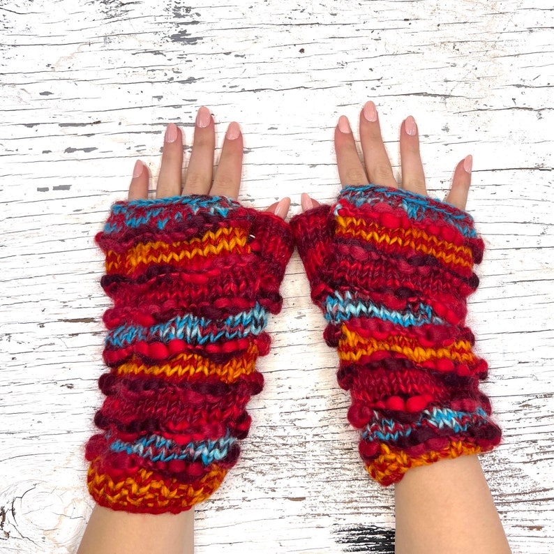 Hand Knit Red Stripe Fingerless Gloves Repurposed Silk Wool Texting Mittens Fleece Lined Winter Womens Ladies Graduation Birthday Gift image 1