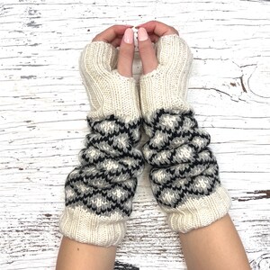 Hand Knit Alpaca Wool Fingerless Long Fleece Lined Gloves Cream Pattern Texting Hand Warmers Ladies Women Mothers Day Graduation image 3