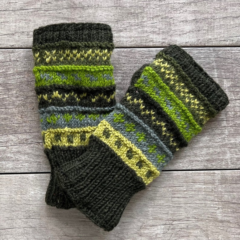 Hand Knit Green Stripe Fingerless Gloves Wool Texting Mittens Fleece Lined Winter Womens Ladies Teen Birthday Graduation Mothers Day Gift image 3