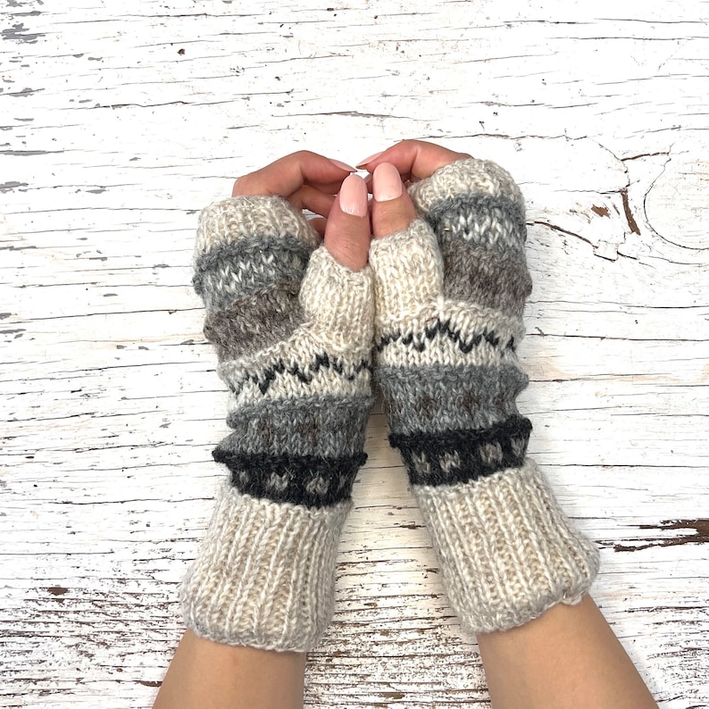 Hand Knit Gray Stripe Fingerless Gloves Wool Texting Mittens Fleece Lined Winter Womens Ladies Teen Girl Birthday Graduation Gift image 4