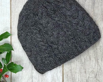 Gorro de esquí de alpaca gris jaspeado, tejido a mano, con cable, forro de microfibra, cálido para invierno, regalo de cumpleaños para mujer