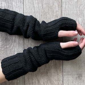 Hand Knit Alpaca Wool Fingerless Long Fleece Lined Gloves Black Texting Hand Warmers Ladies Women Winter Graduation Mothers Day  Gift