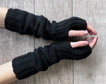 Hand Knit Alpaca Wool Fingerless Long Fleece Lined Gloves Black Texting Hand Warmers Ladies Women Winter Graduation Mothers Day  Gift