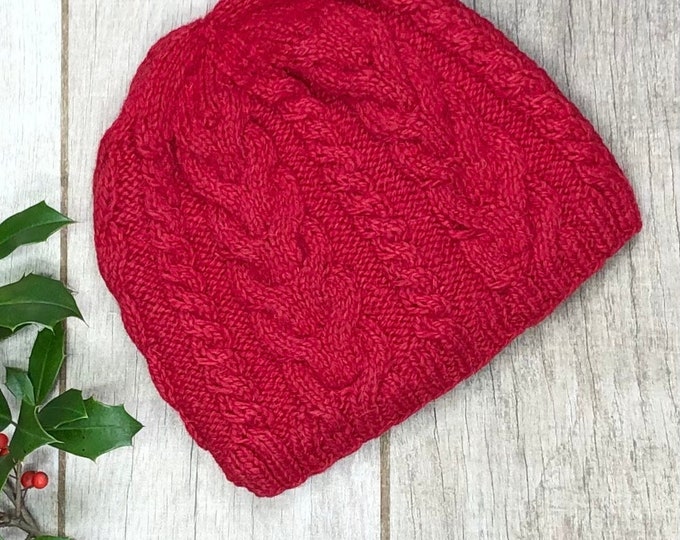 Hand Knit Alpaca  Red Cable Ski Hat Knitted Beanie Fleece Lined for Winter Warm Womens Graduation Birthday Gift