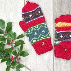 Hand Knit Alpaca Convertible Flip Glitten Mitten Red Fingerless Texting Glove Fleece Lined Winter Nordic Pattern Women's Graduation Gift